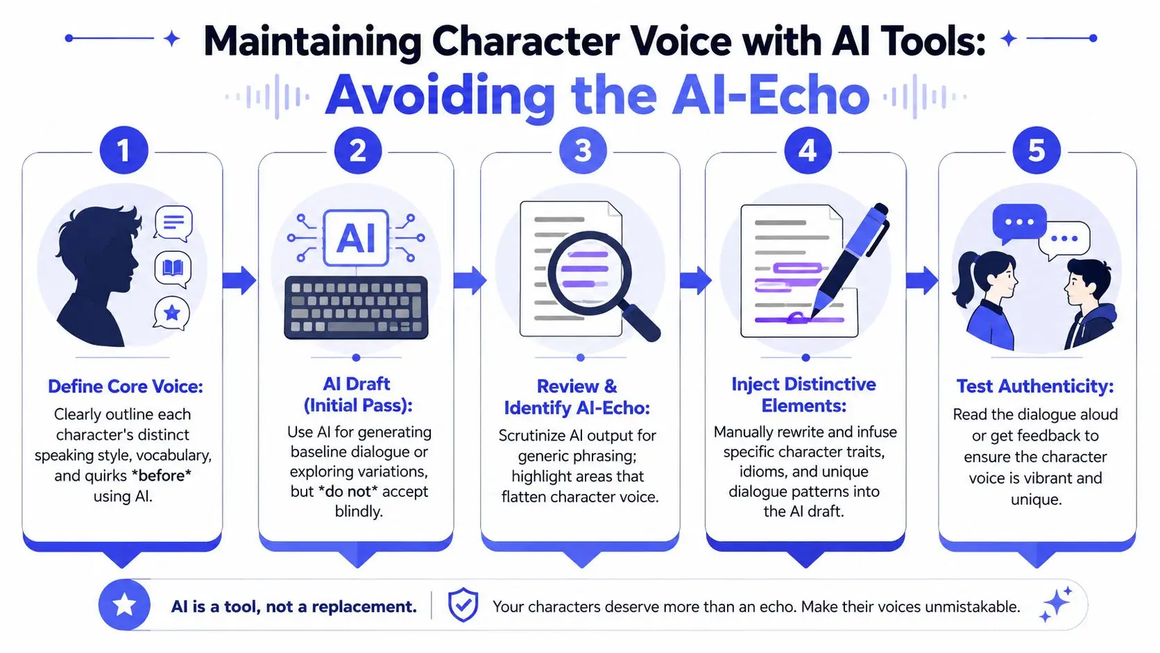 A five-step infographic showing how to maintain a unique character voice while using AI writing tools.
