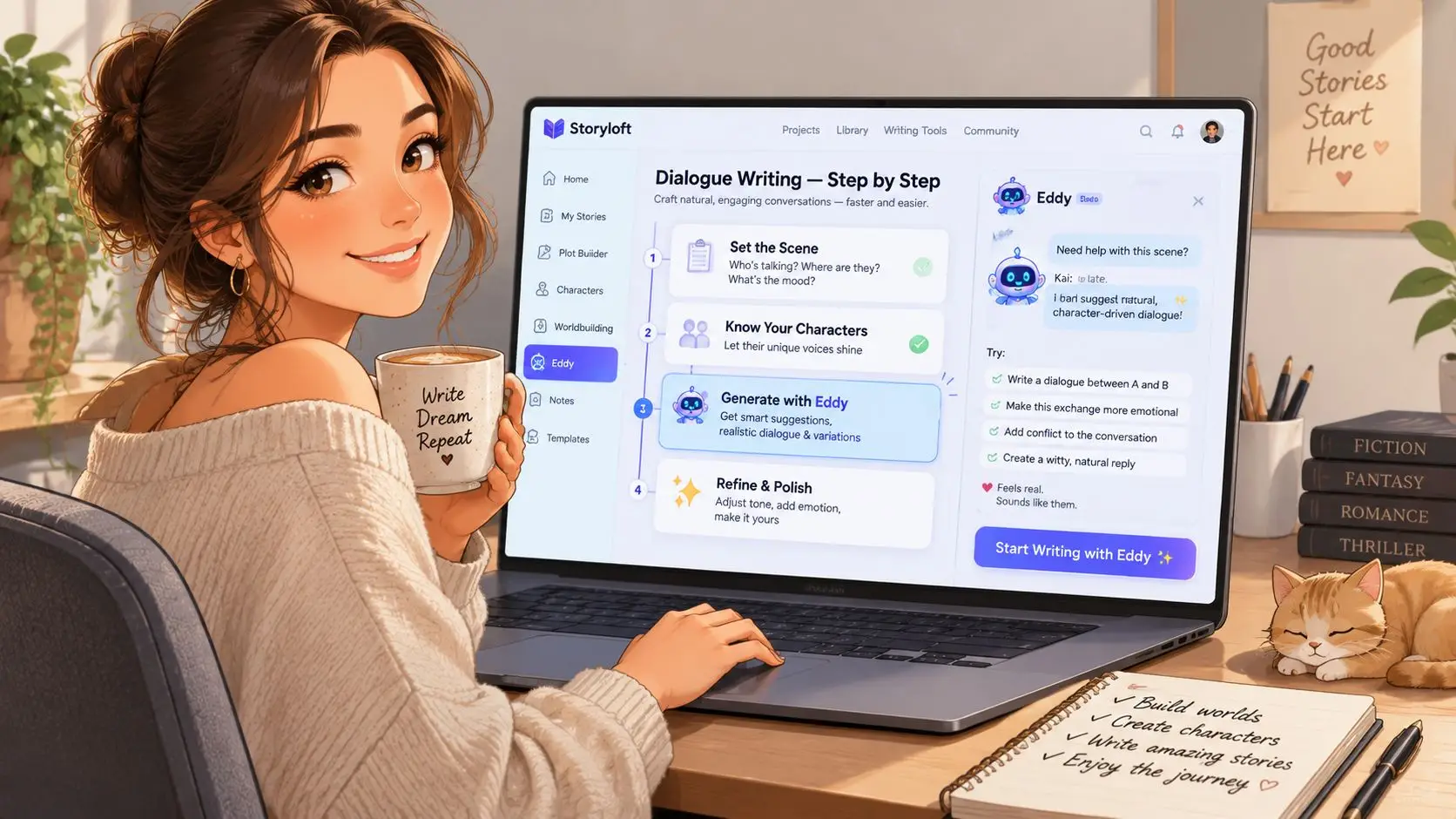 A woman smiling while using a laptop to learn how to write better dialogue with an AI assistant.