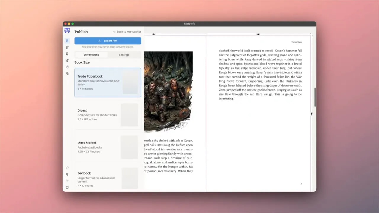 Book spread preview showing a fantasy illustration with white space and text wrapping on facing pages