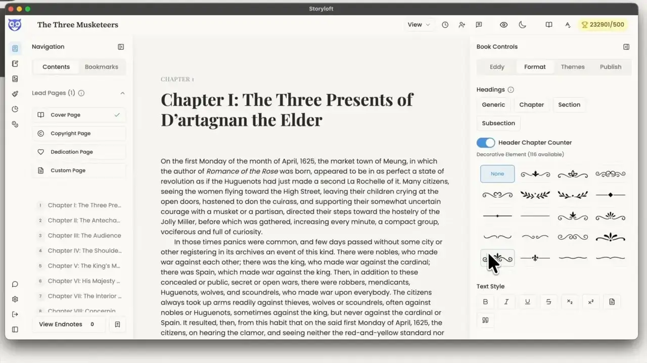 Storyloft editor showing The Three Musketeers imported with a chapter list on the left and chapter text in the main editor