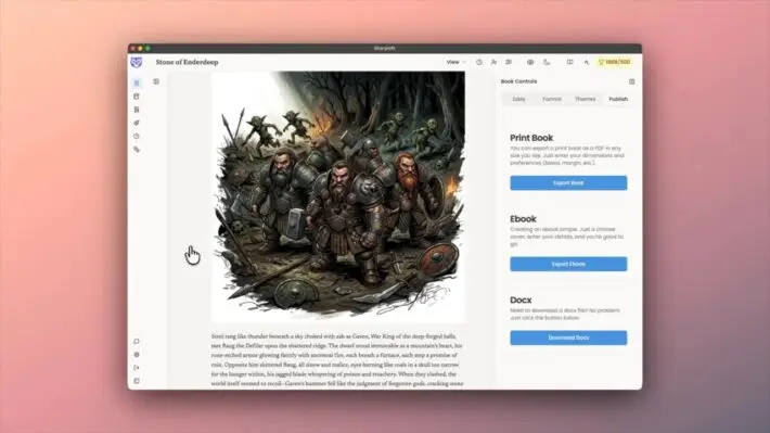 Manuscript page with a large fantasy illustration and formatting controls on the right