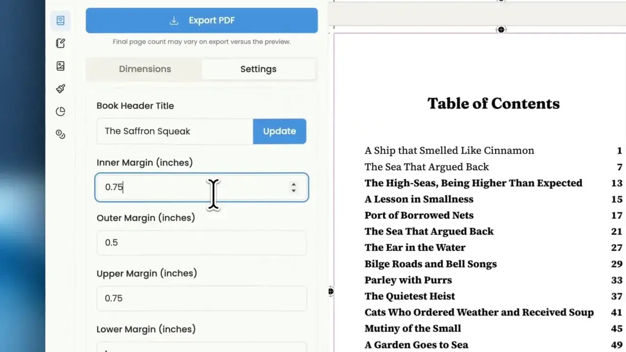 Publish settings panel showing inner margin and outer margin fields beside a print layout preview