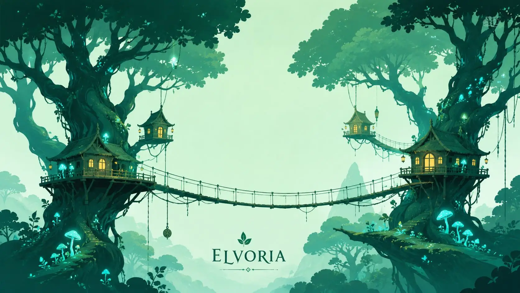 Enchanting treehouse village in Elvoria connected by rope bridges with glowing mushrooms in a magical forest.