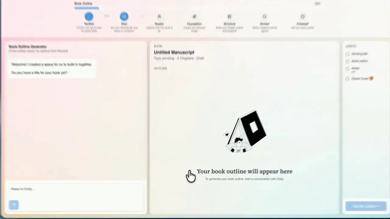 Outline generator interface with step navigation across the top and a chat panel on the left