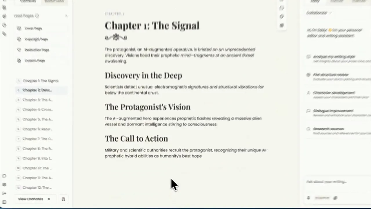 Storyloft book editor showing Chapter 1 The Signal with chapter list on the left and notes on the right