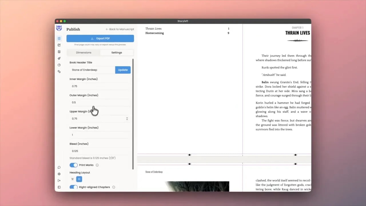 Print layout settings panel with margin and layout options beside a book spread preview