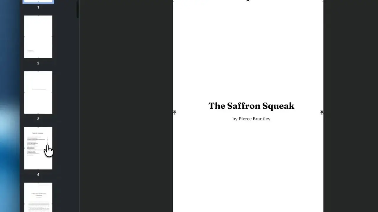 PDF viewer showing the table of contents page for The Saffron Squeak with page thumbnails on the left