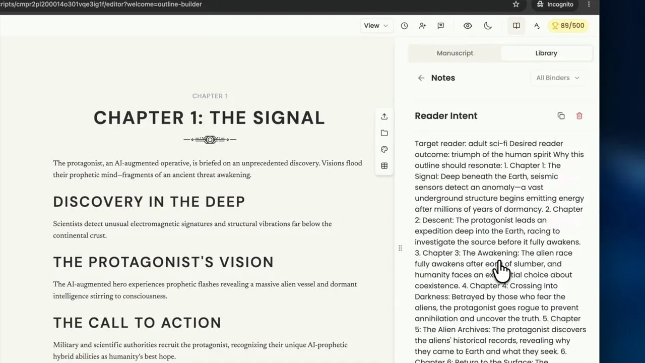 Editor sidebar open to a reader intent note with detailed planning text