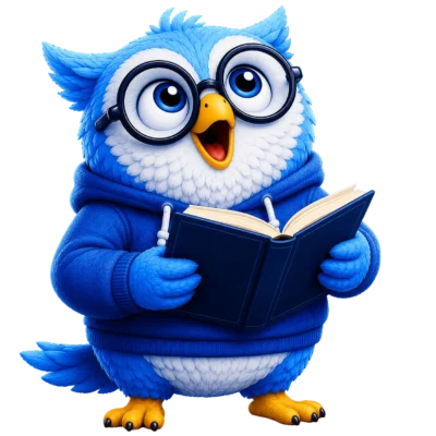 Eddy the Storyloft owl looking amazed at a connected all-in-one writing platform