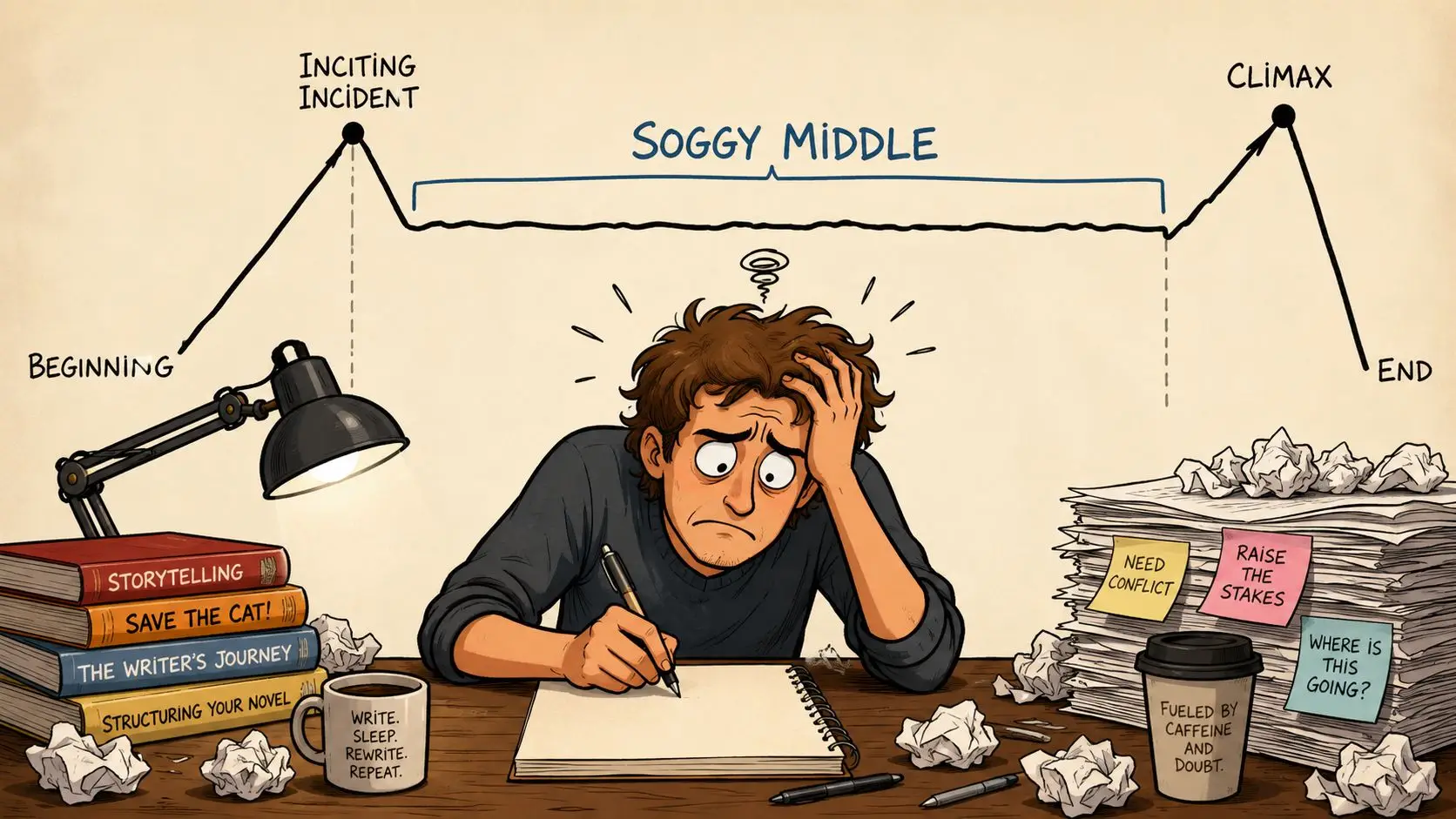 A frustrated writer struggling with the creative process while navigating the difficult middle stage of a story.