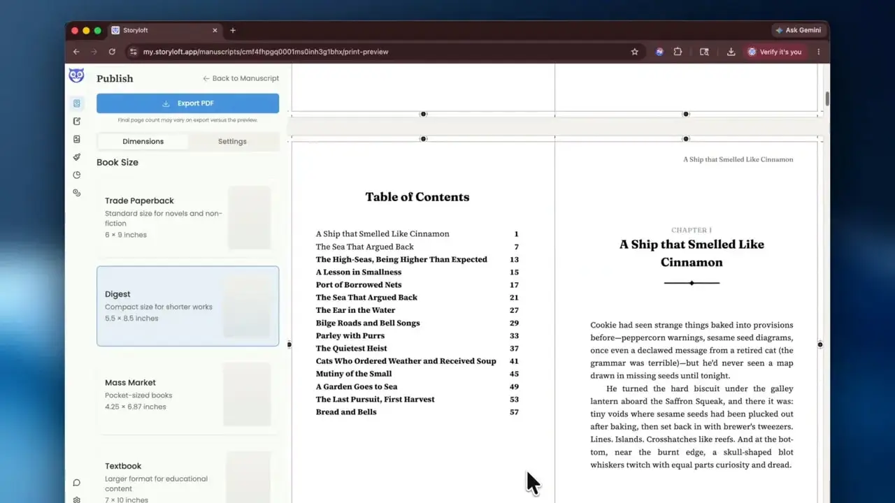 Print layout preview showing a table of contents page on the left and the first chapter page on the right