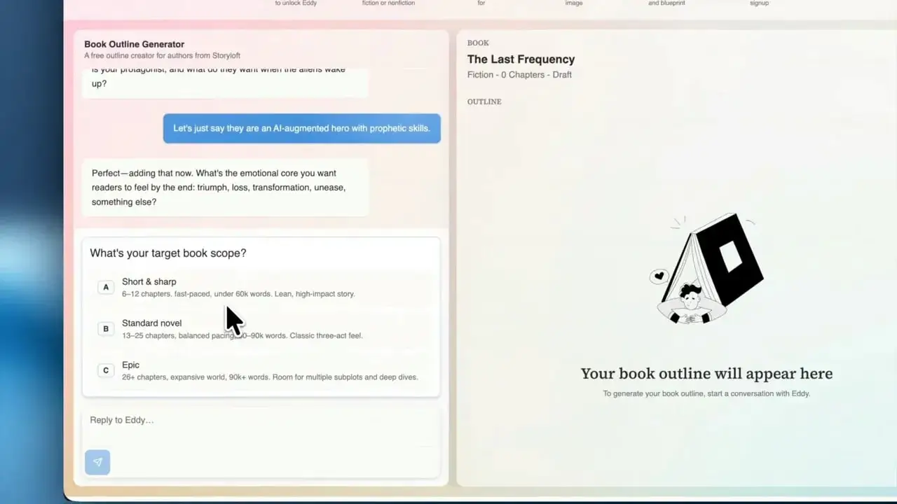 Question panel showing target book scope options including short and sharp, standard novel, and epic