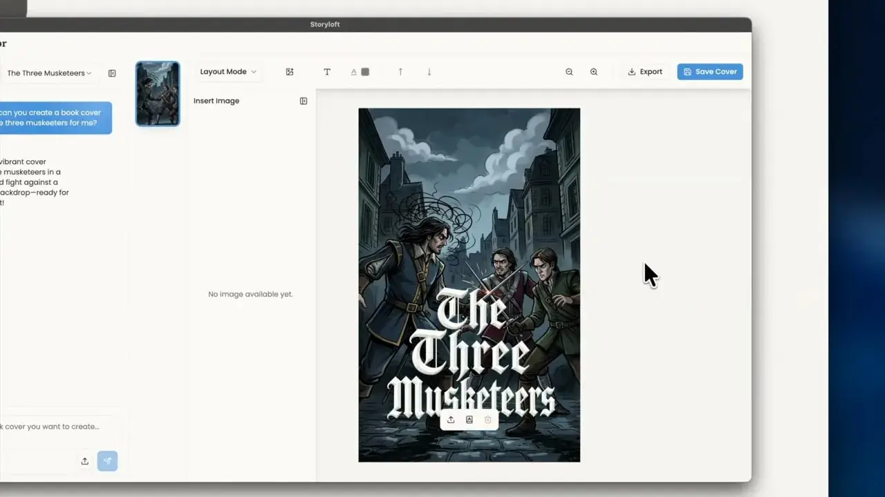 Book cover editor showing a finished Three Musketeers cover with illustrated musketeers and large title text