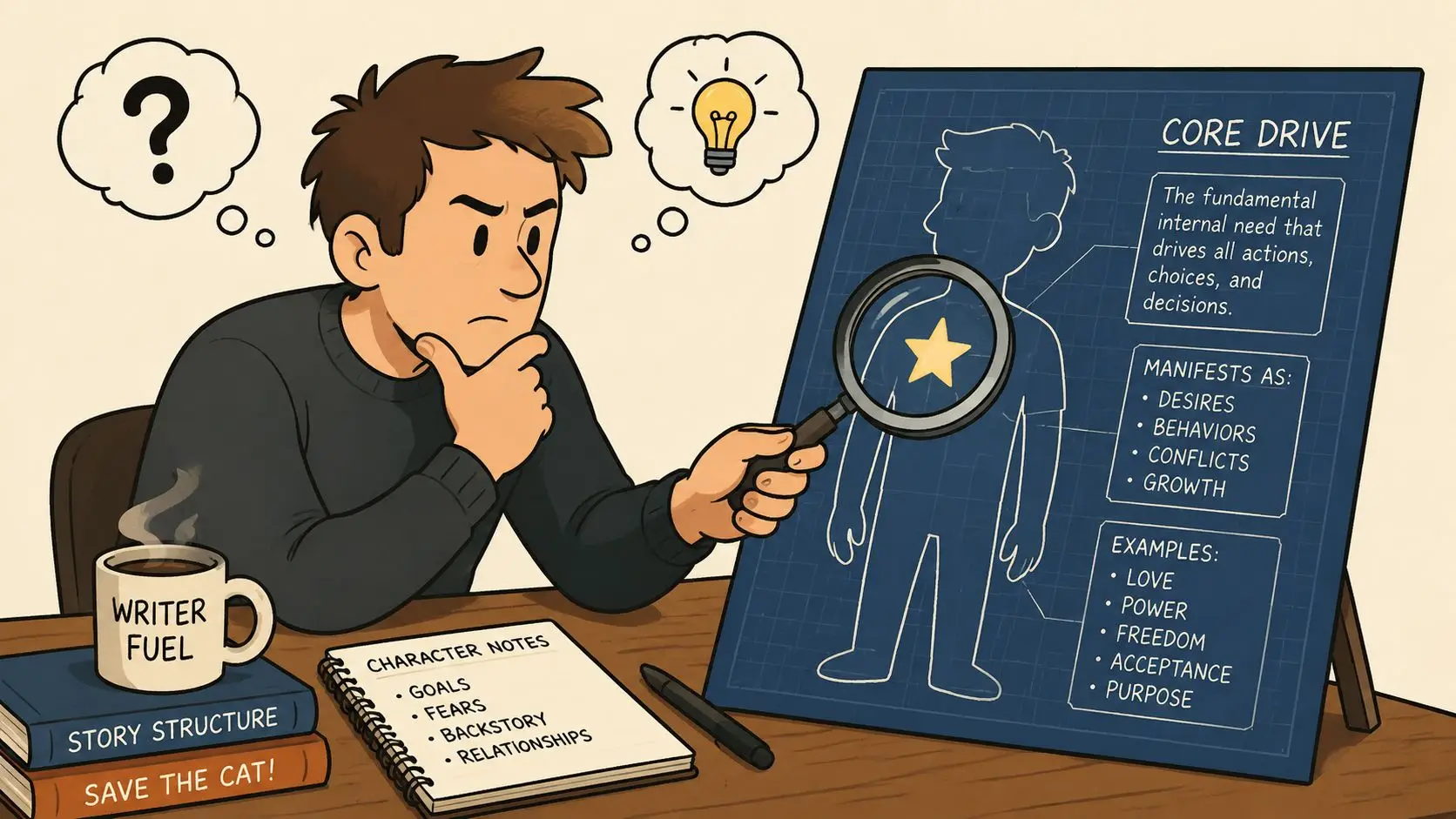 A writer looking at a blueprint of a character's core drive and motivation while sitting at a desk.