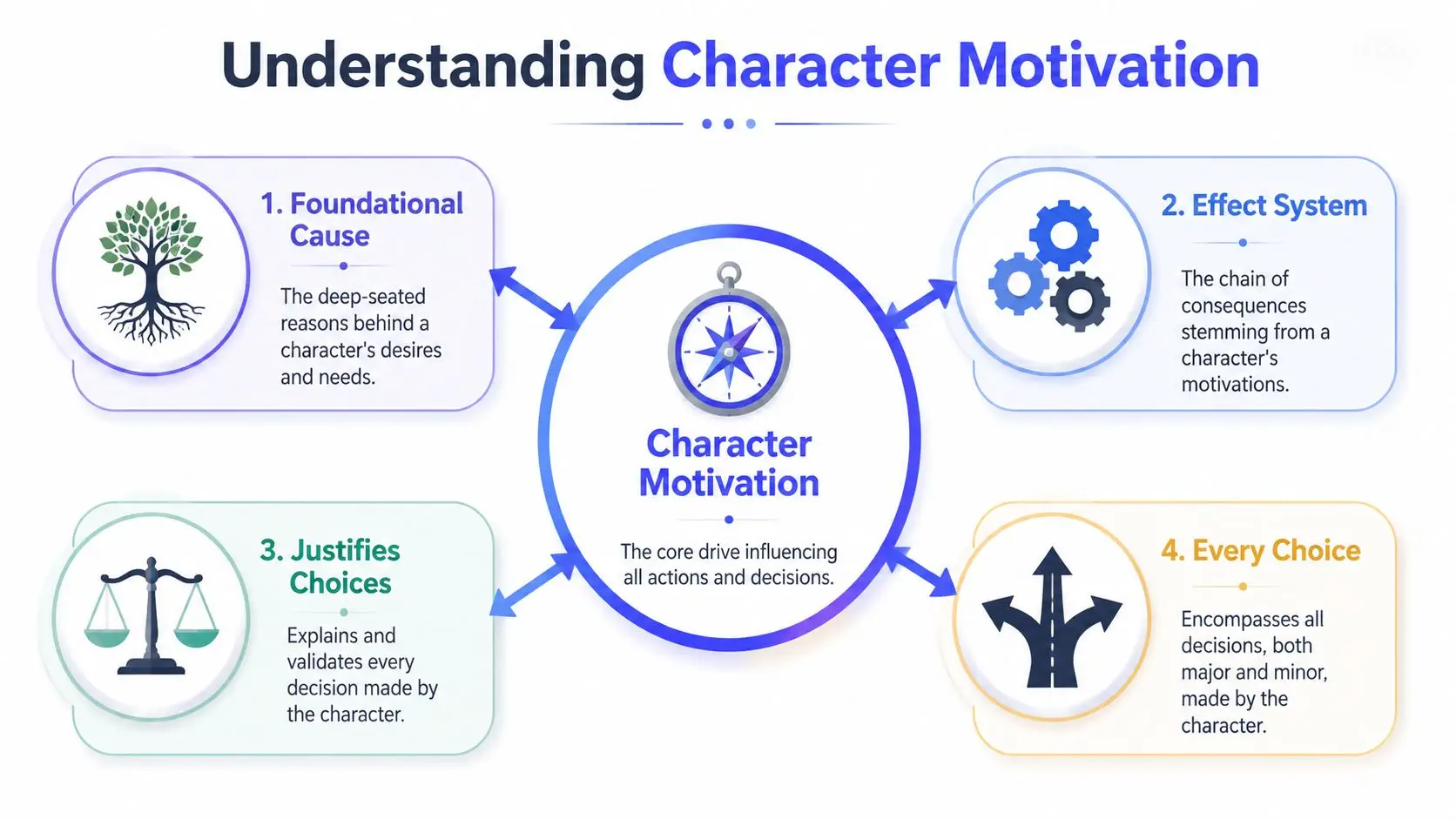 A diagram explaining character motivation through four key concepts: foundational cause, effect system, justifies choices, and every choice.