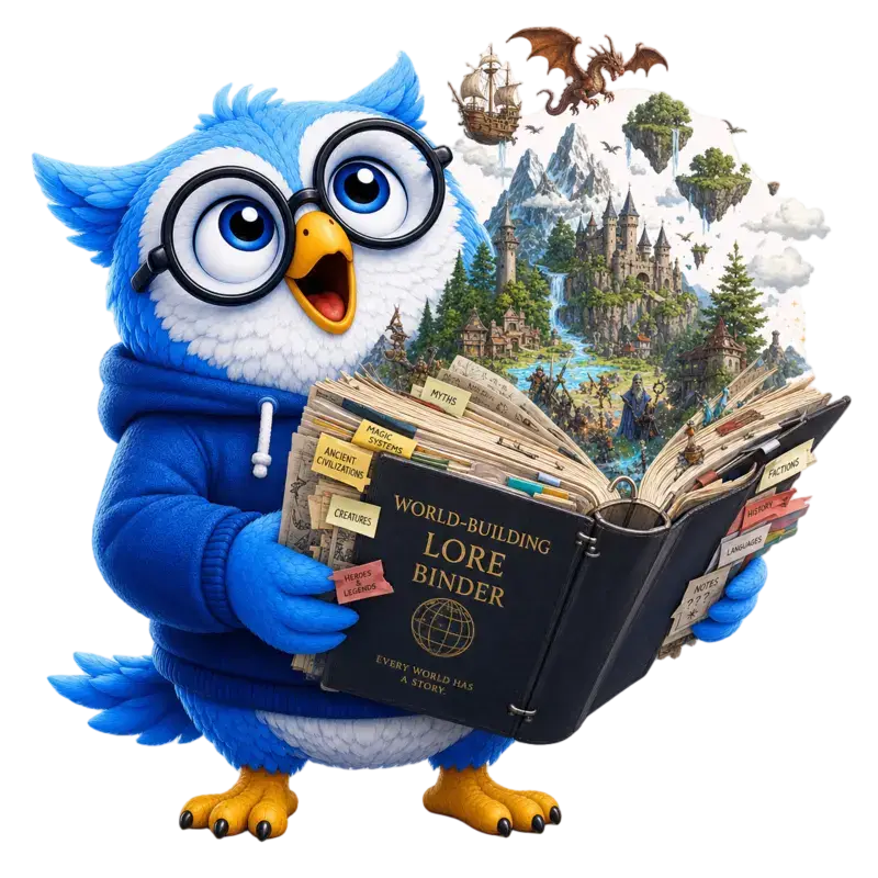 Eddy the Storyloft owl excitedly exploring worldbuilding lore for characters, locations, factions, timelines, magic systems, technology, and other story elements