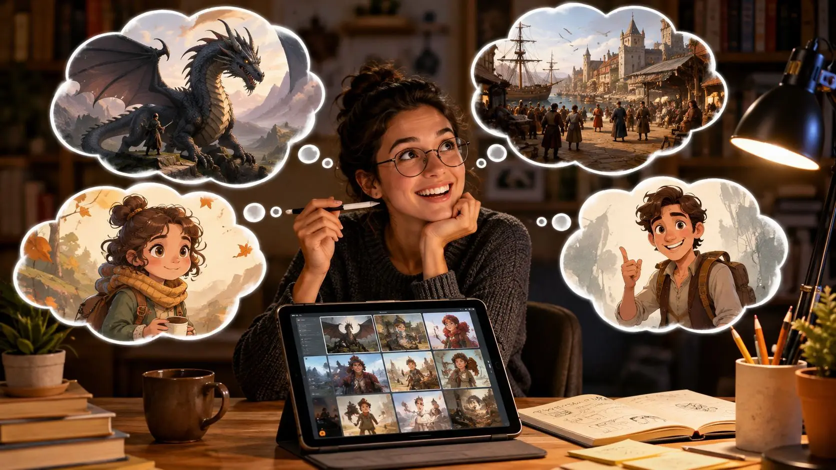 A woman artist thinking about fantasy stories while viewing digital character concepts on her tablet screen.