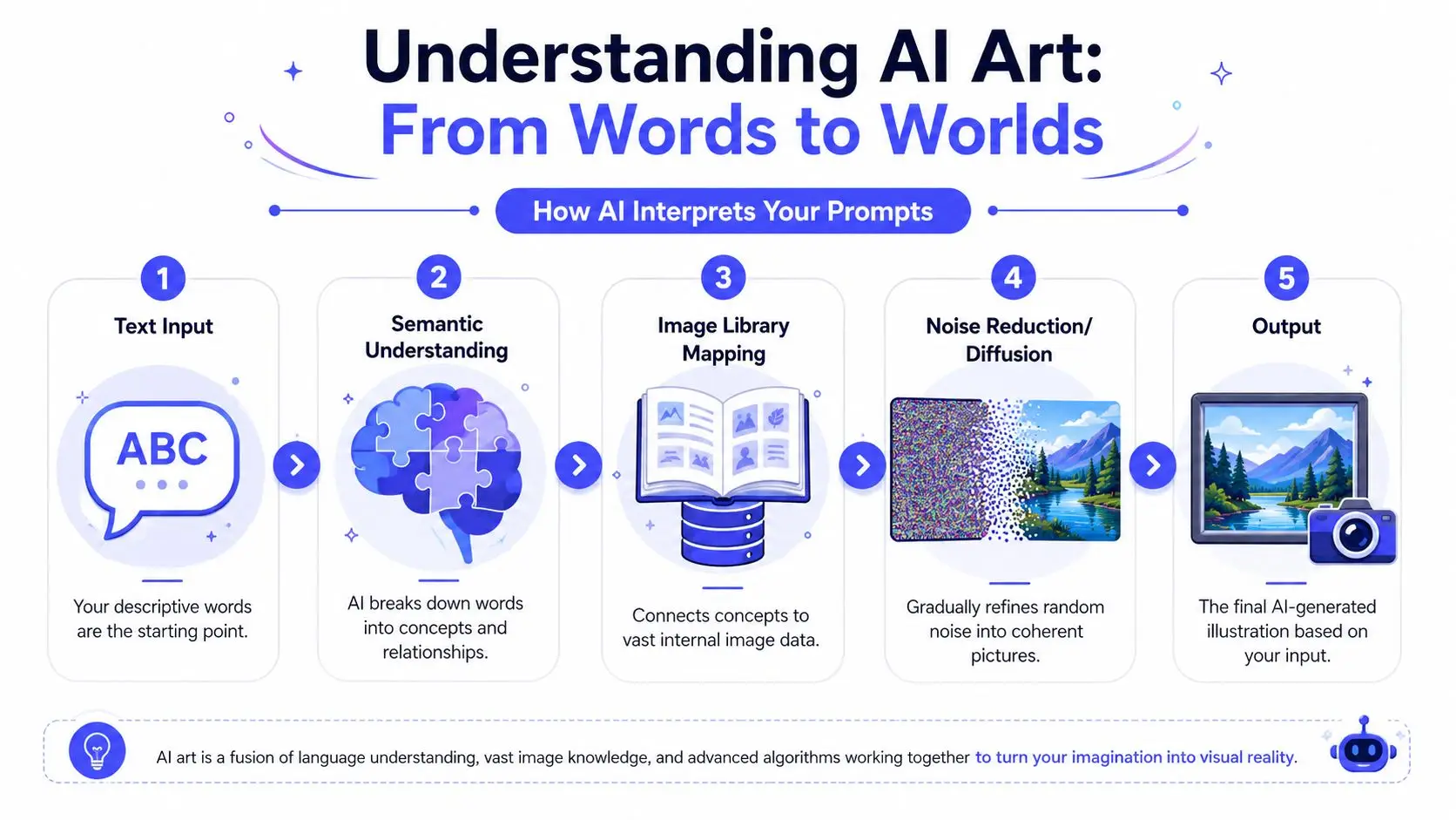 A five-step infographic showing how AI processes text prompts into generated artwork through a diffusion model.