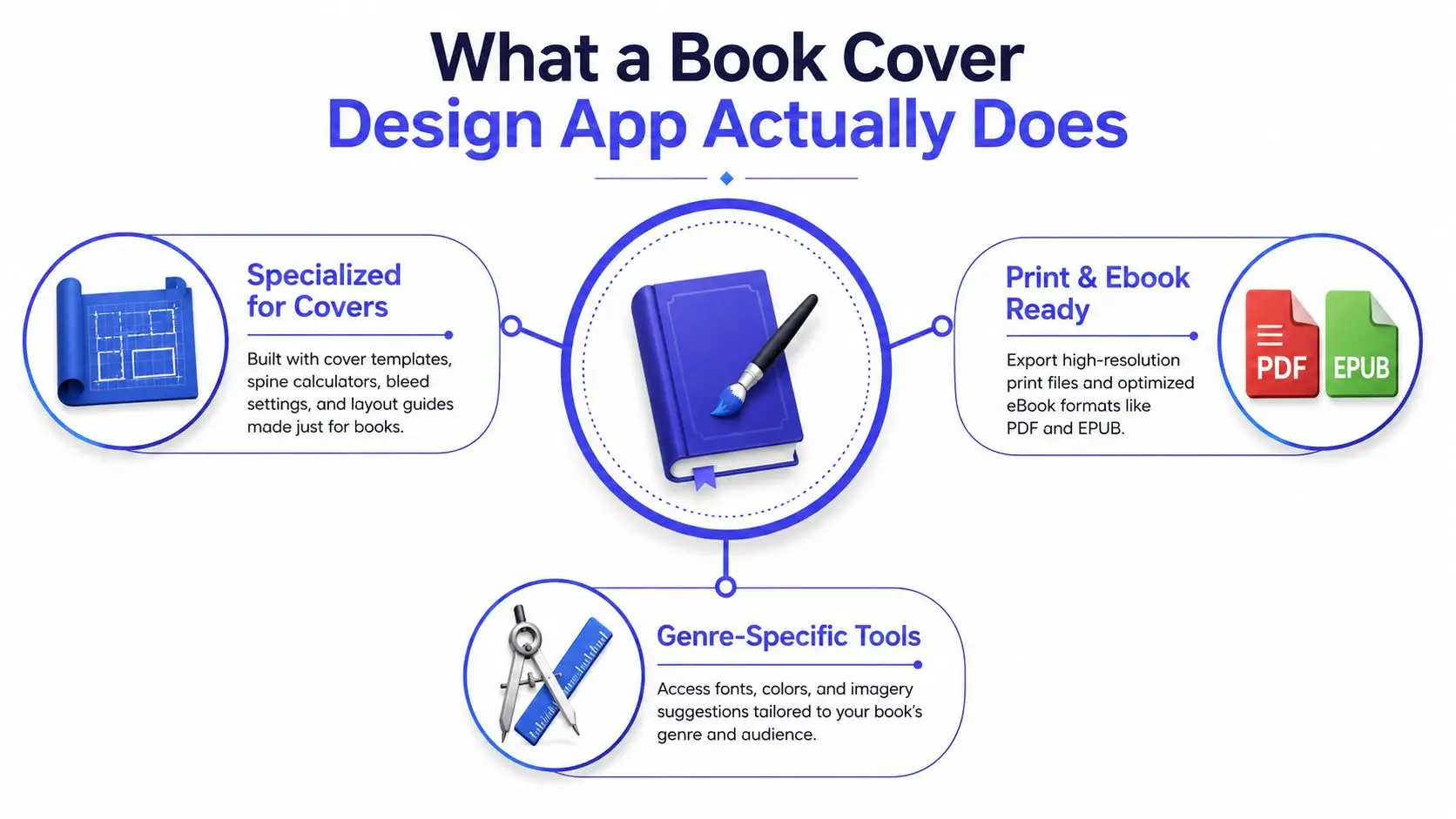 An infographic showing the core features of a professional book cover design application, including specialized layout tools.