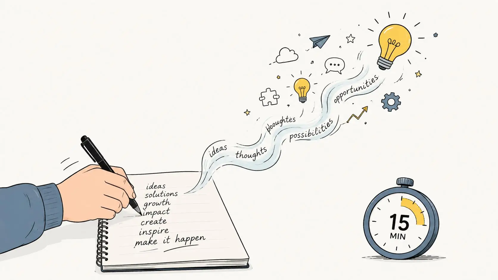 A hand writing in a notebook, with conceptual ideas flowing out into lightbulbs and opportunities.