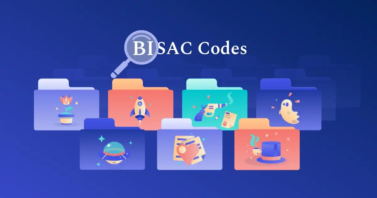 Colorful folders with icons representing book genres under the title 'BISAC Codes' on a blue background.