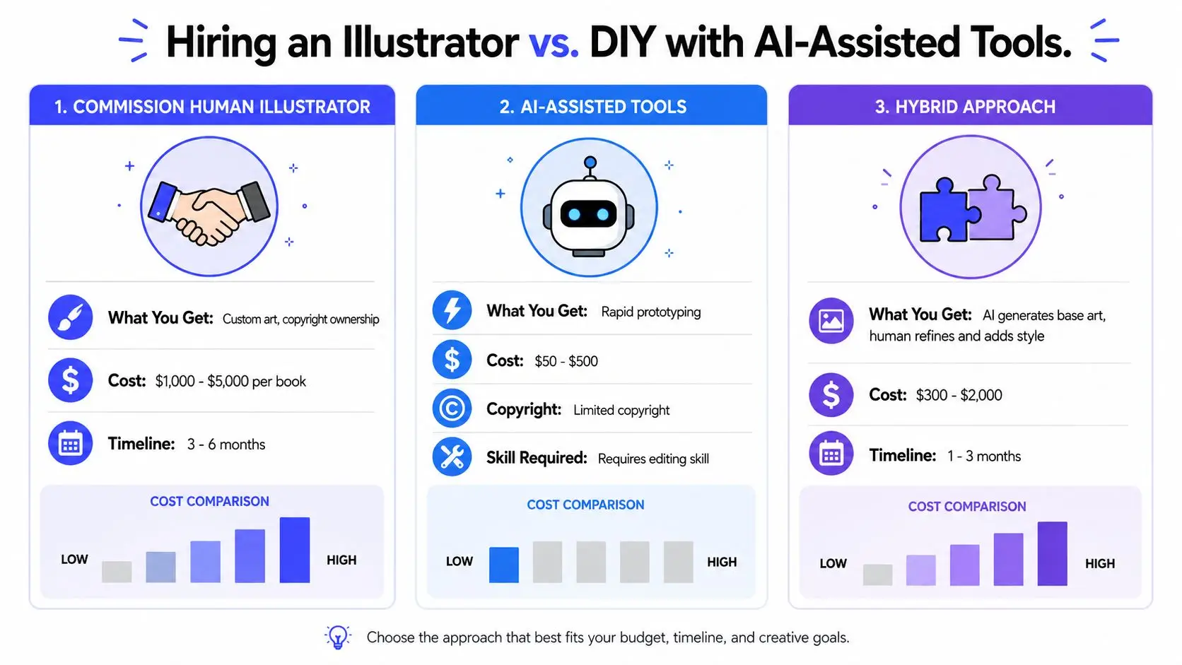 A comparison chart showing three methods for creating illustrations: human illustrators, AI-assisted tools, and a hybrid approach.