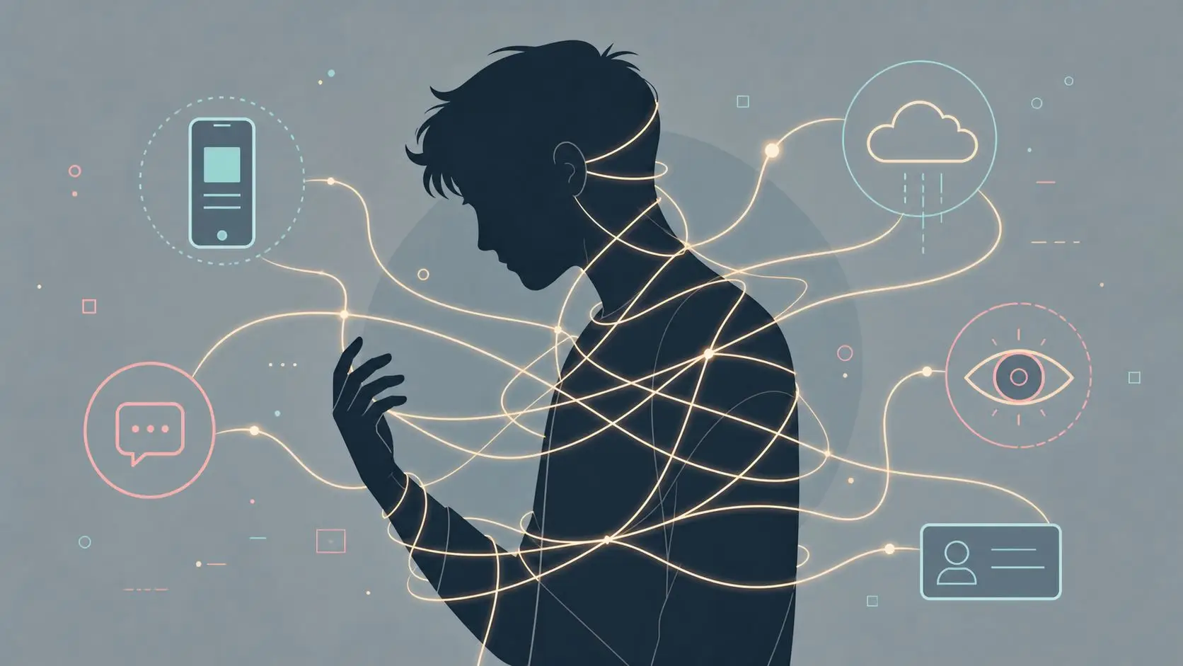 A silhouette of a person entangled in glowing lines connected to digital icons representing technology and anxiety.