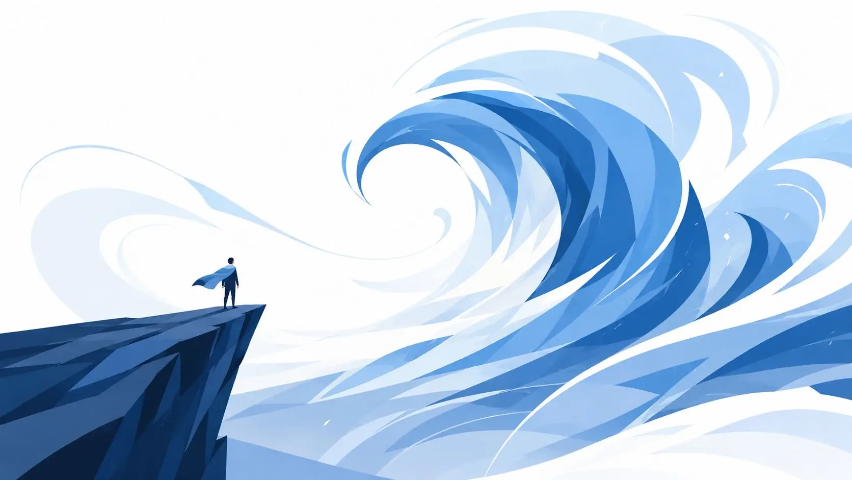 A lone business person with a cape stands on a cliff edge facing a massive ocean wave.