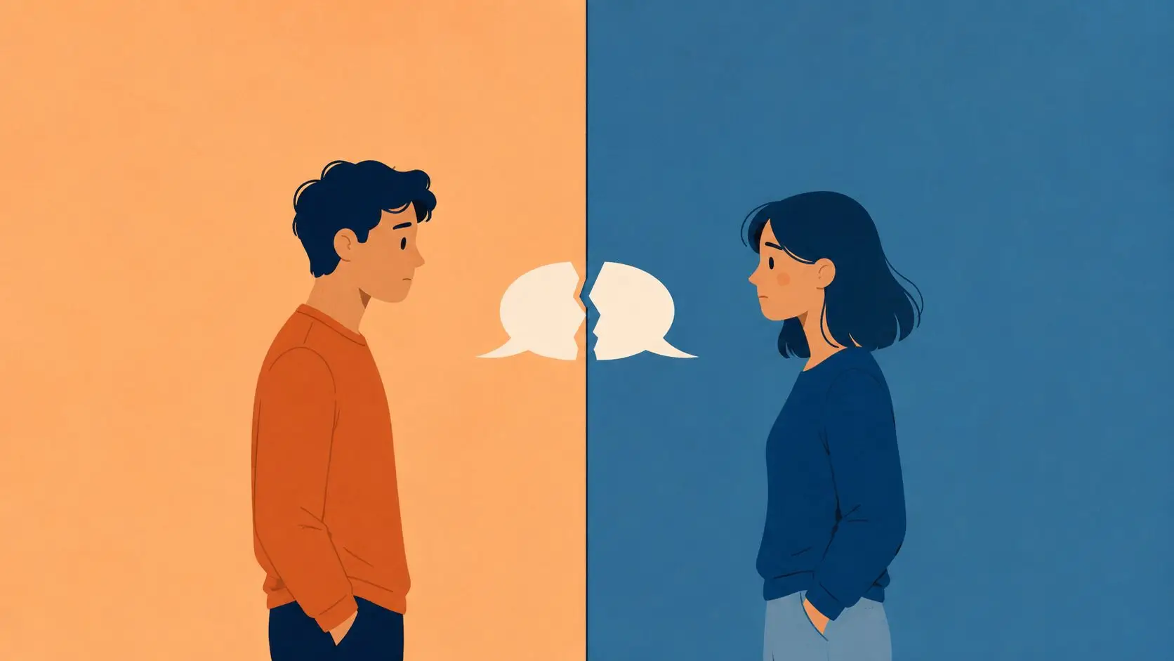A couple standing on opposite sides of a split background, illustrating a breakdown in communication.