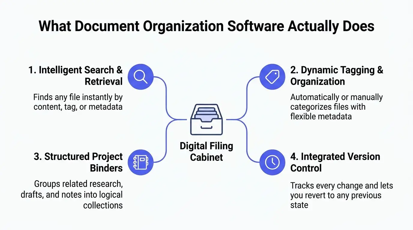 A diagram illustrating the key functionalities of document organization software, including search, tagging, project binders, and version control.