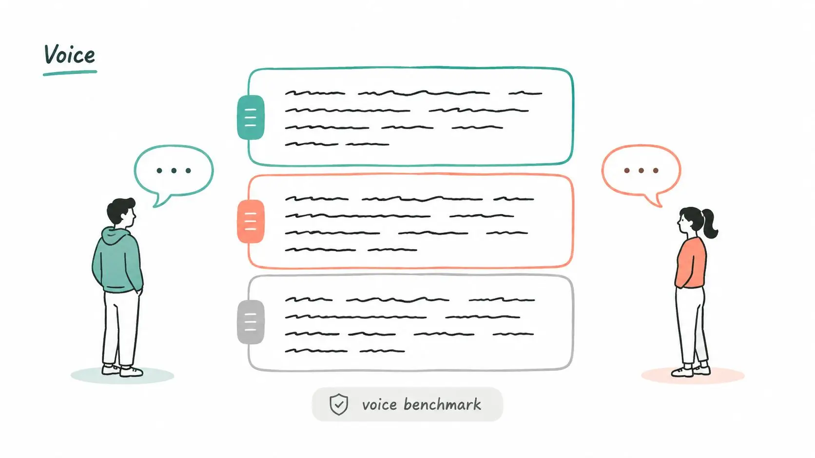 A male and female character looking at a Voice benchmark chart with three text content boxes.