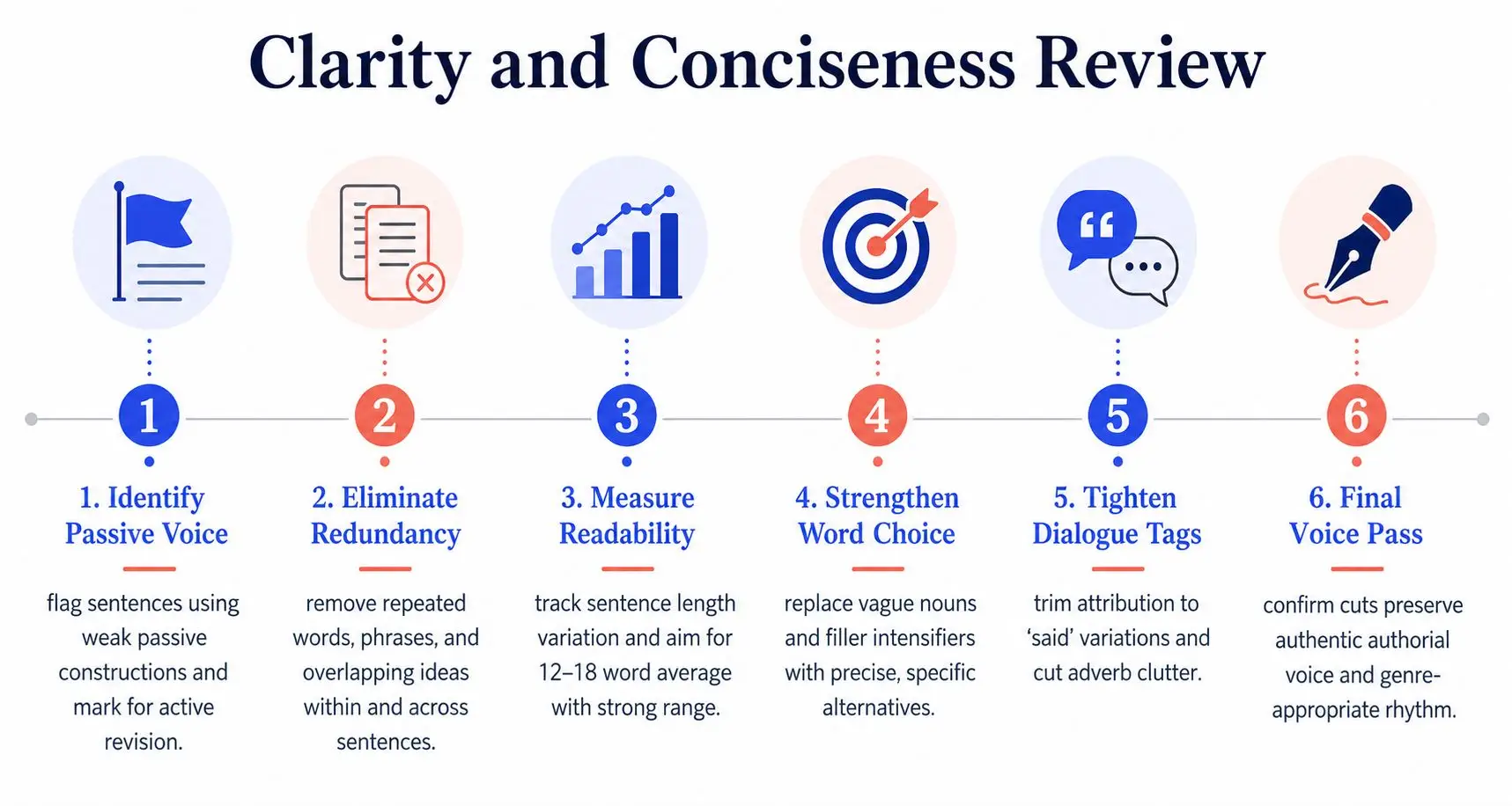 A six-step infographic outlining a process for reviewing clarity and conciseness in creative writing.