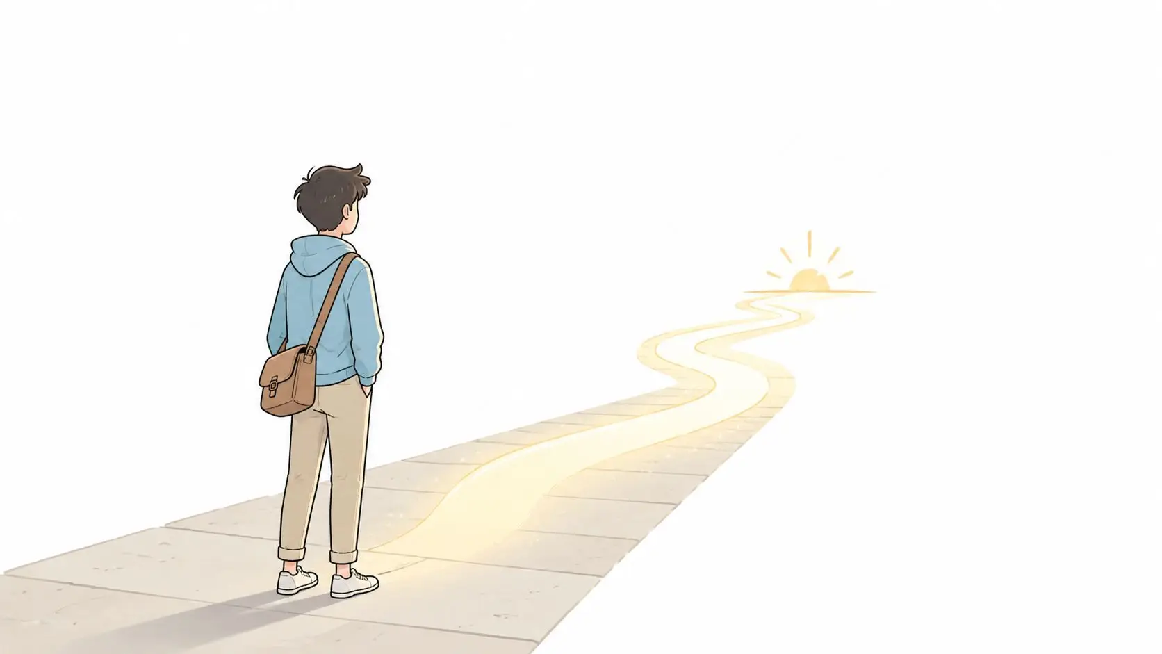 An illustration of a young man standing on a path looking toward a glowing sunrise ahead.