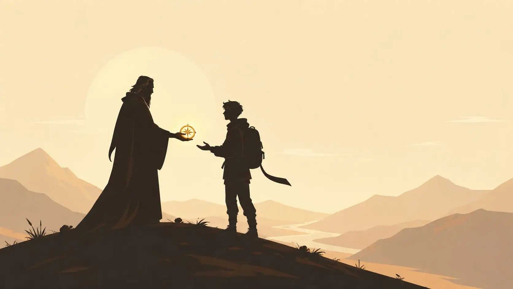 A robed mentor figure hands a glowing golden compass to a young adventurer standing on a hill.