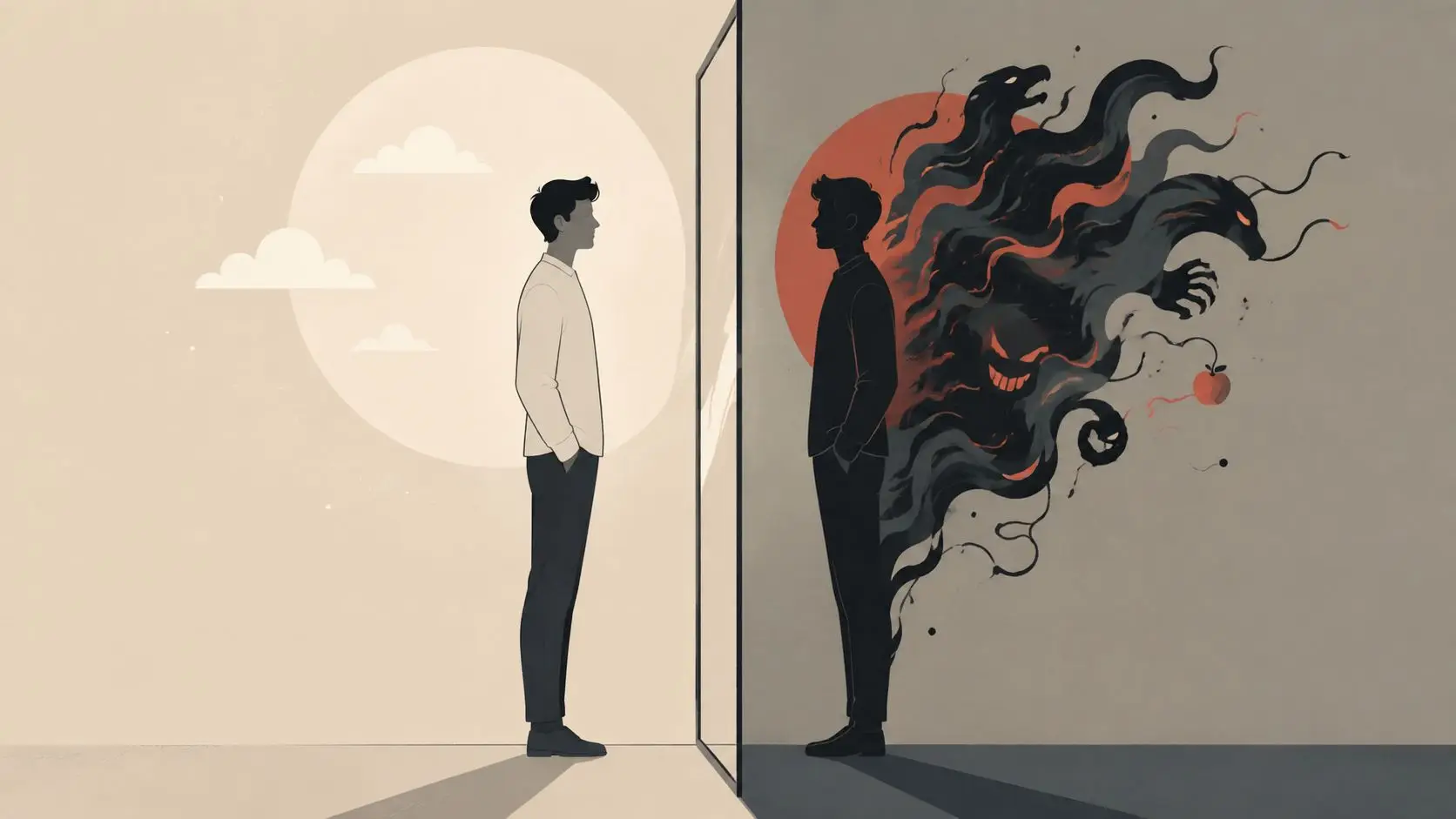 A conceptual illustration of a man facing his reflection which reveals a dark, demonic shadow entity.