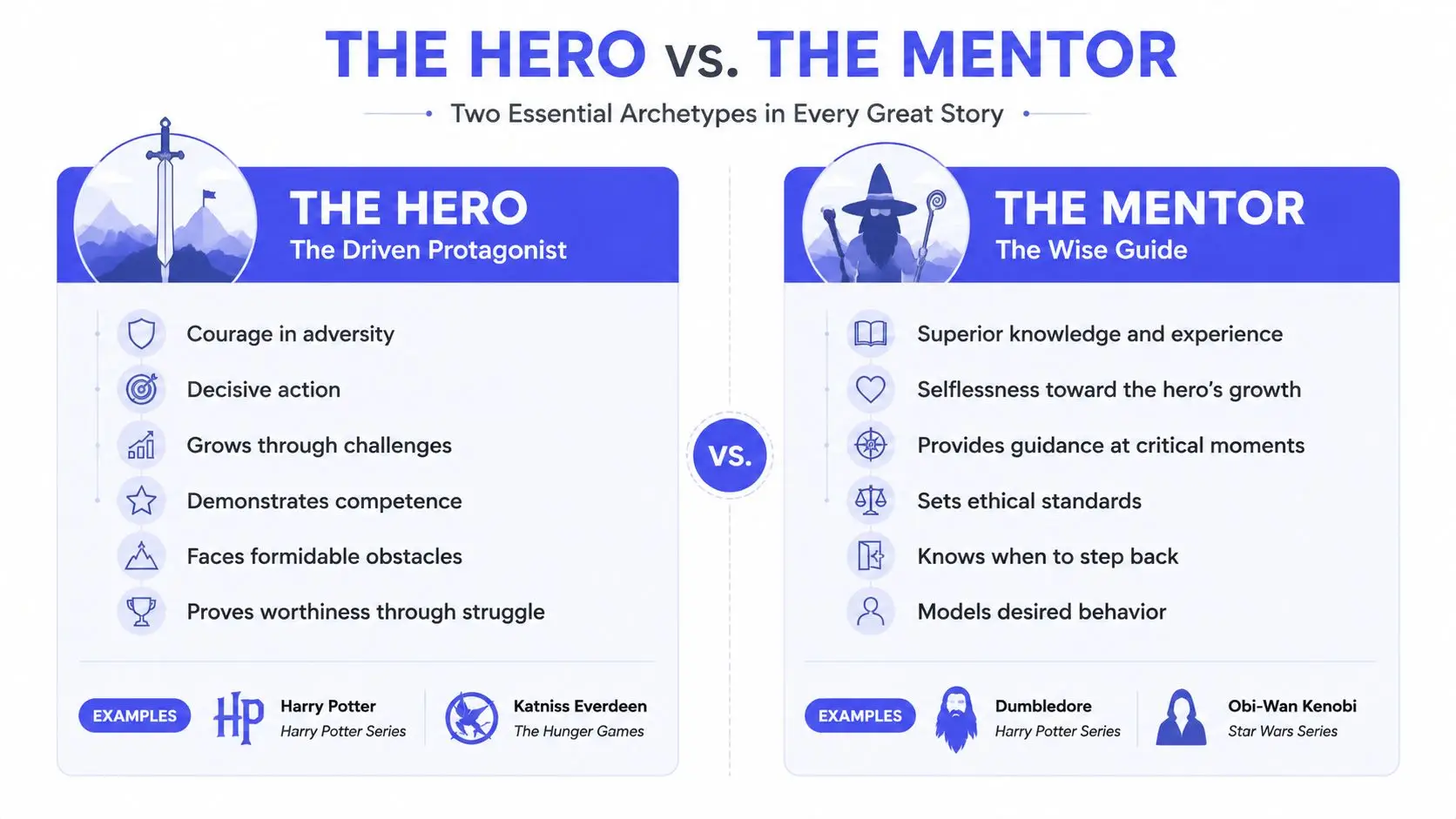 An infographic comparing the characteristics of the Hero archetype versus the Mentor archetype in storytelling.