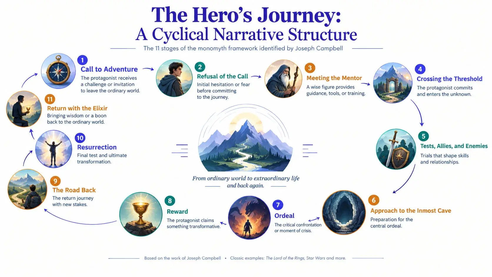 A circular infographic detailing the eleven stages of the Hero's Journey narrative structure by Joseph Campbell.