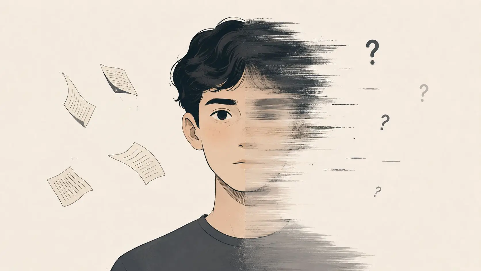 A conceptual illustration of a young man with a dissolving face representing confusion or identity loss.