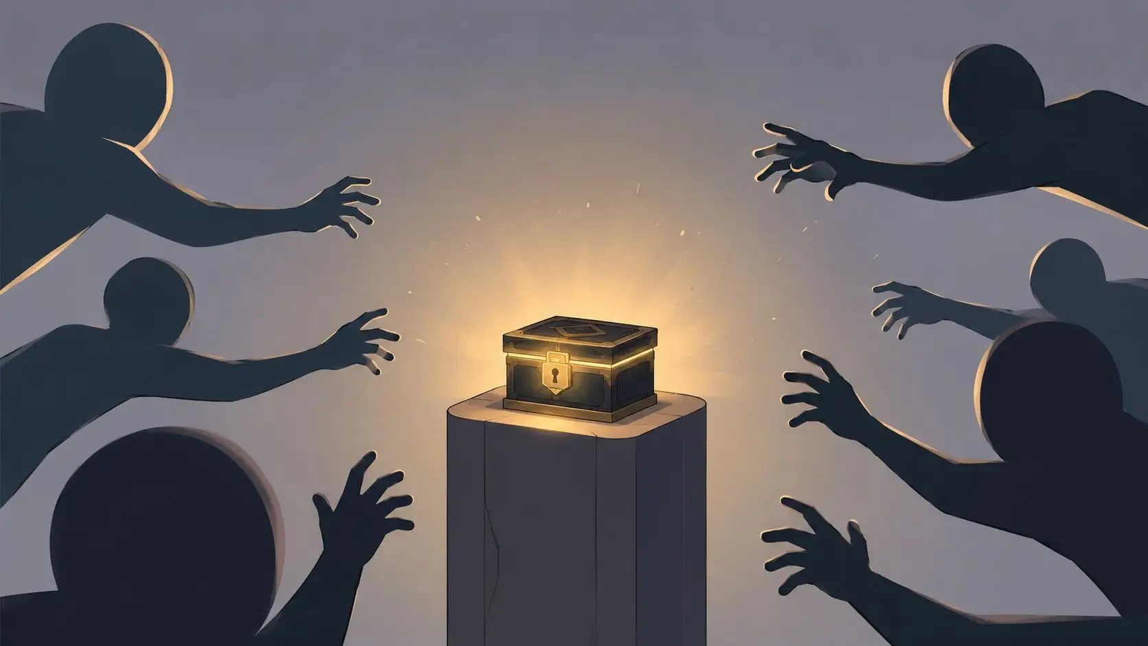 Several dark shadowy figures reaching out with their hands towards a glowing treasure chest on a pedestal.