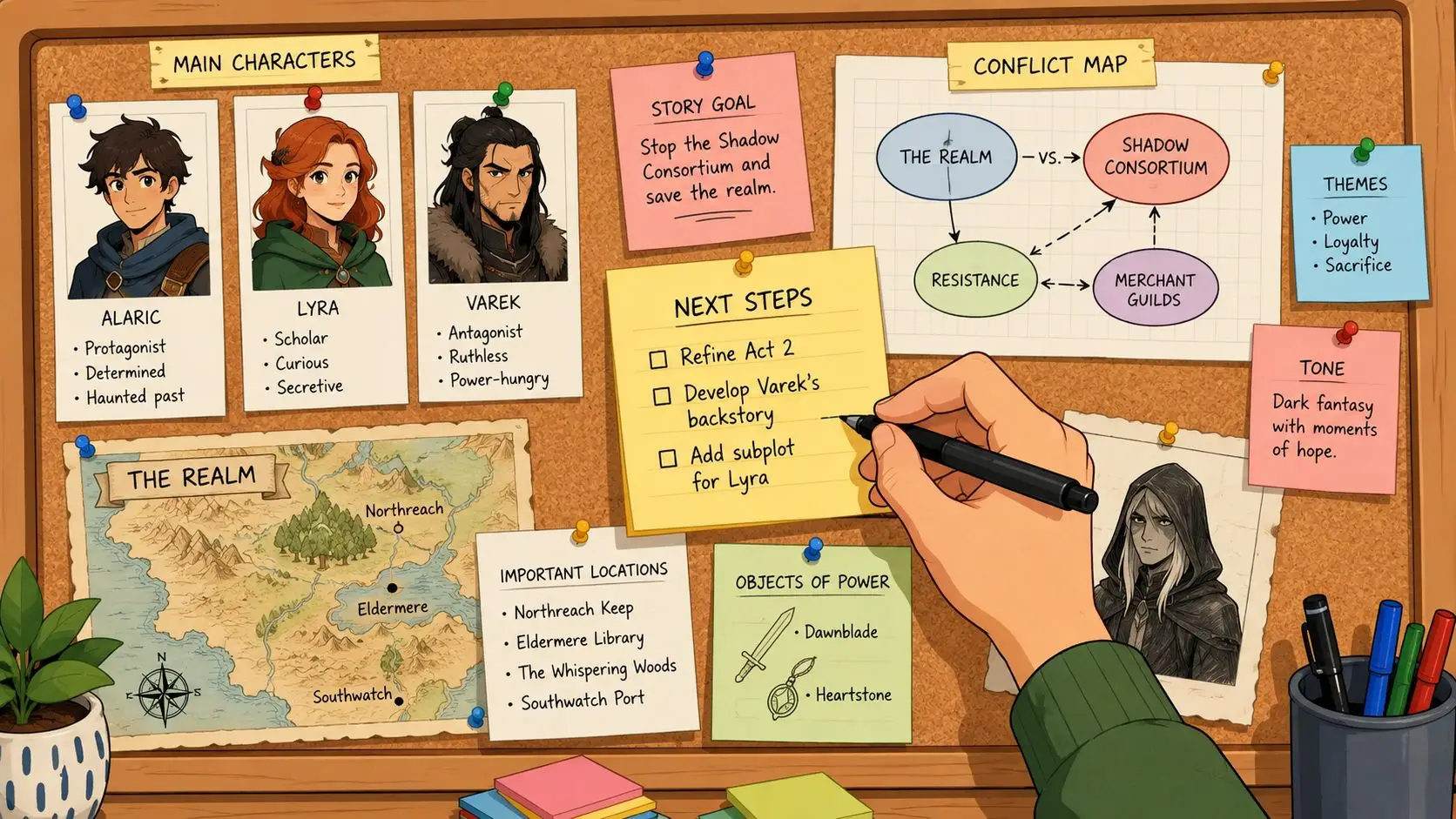 A hand writes on a yellow sticky note on a cork board displaying a story planning map.