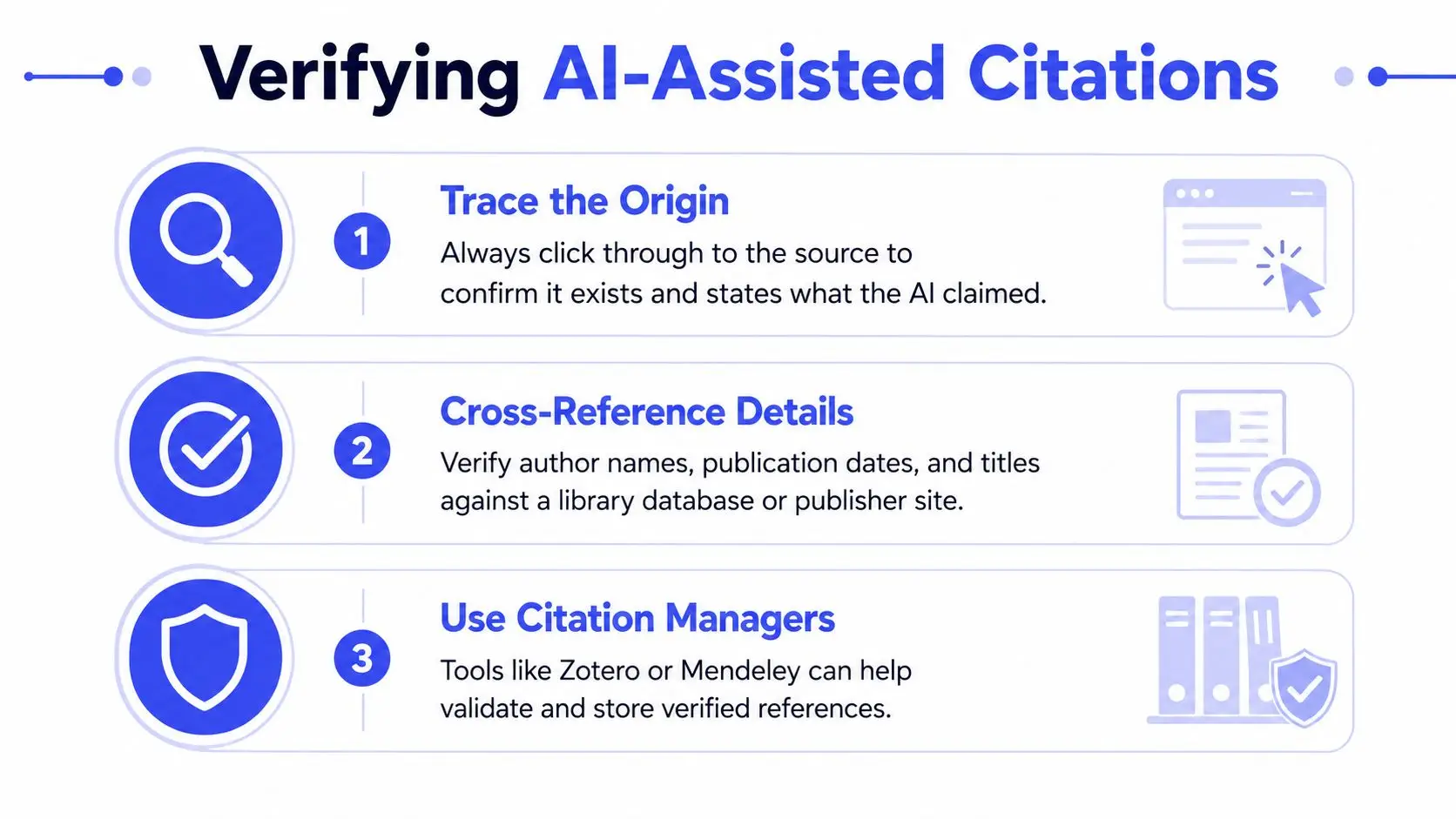 A graphic titled Verifying AI-Assisted Citations showing three numbered steps to check and validate AI-generated references.