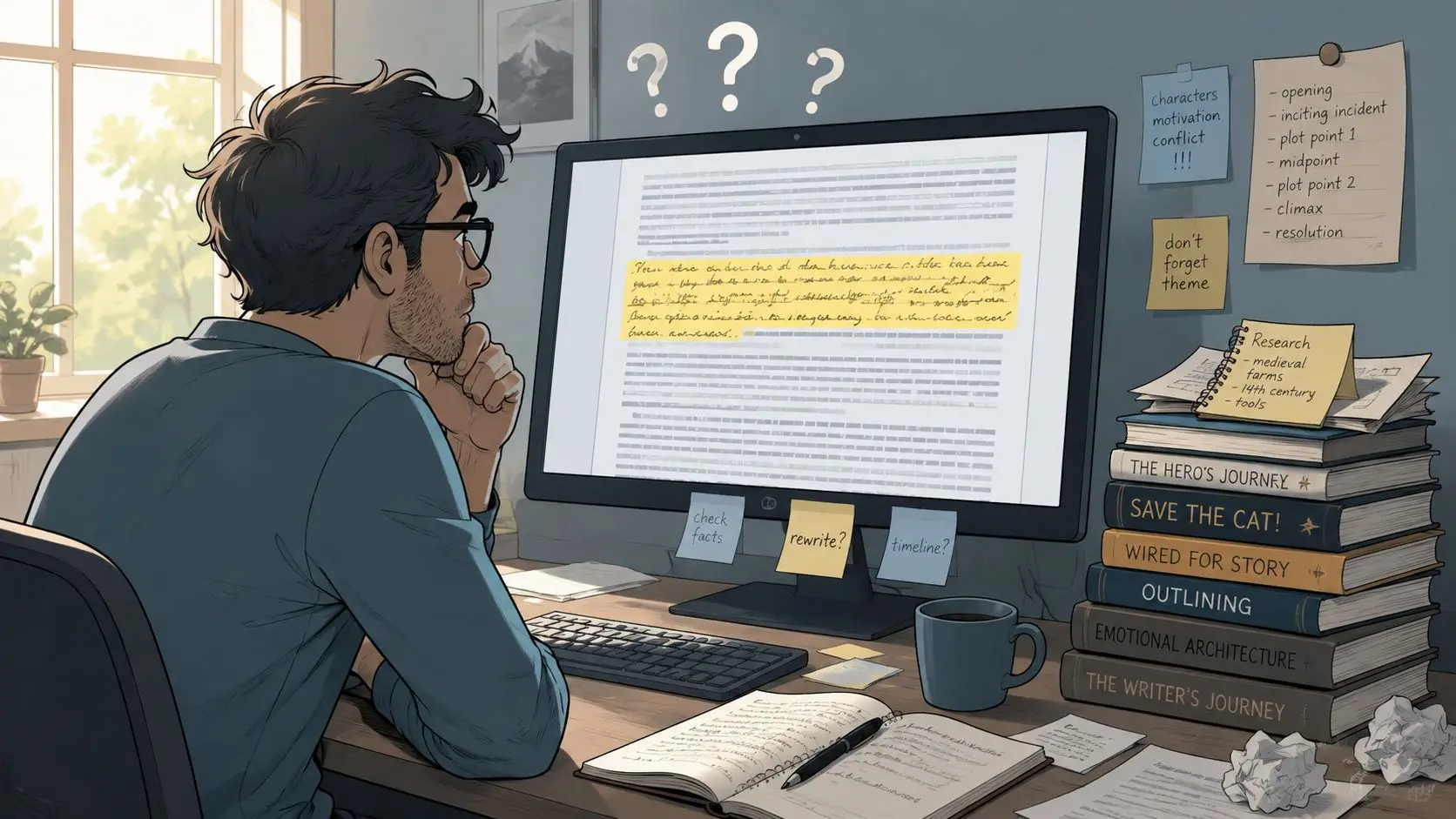 A writer sitting at a desk thoughtfully looking at a computer screen surrounded by reference books.