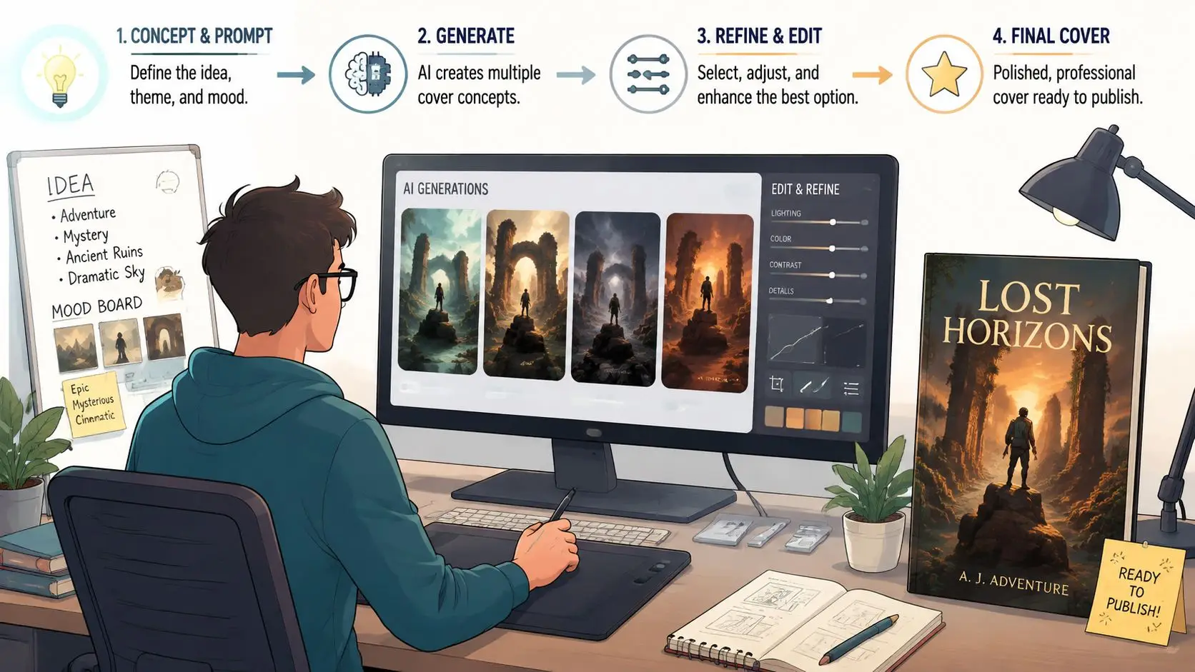 An artist creates a professional book cover design on a computer using AI art generation tools.