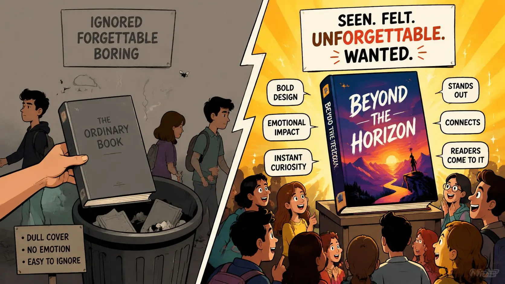A comparison showing an ignored, plain book in a trash can versus a vibrant, compelling, and attractive book.