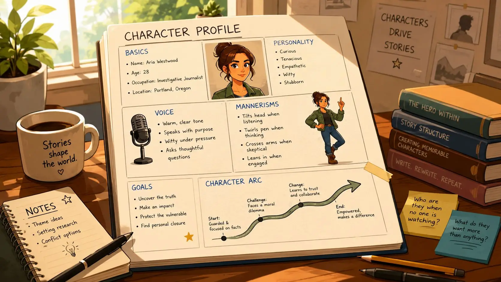 An open notebook on a desk displays a detailed character profile for an investigative journalist named Aria.