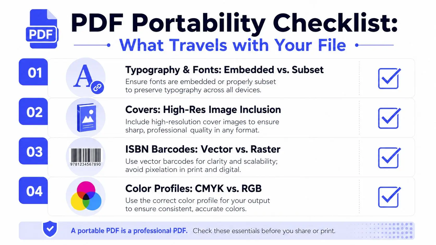 A checklist infographic titled PDF Portability Checklist explaining essentials for professional file portability and printing.