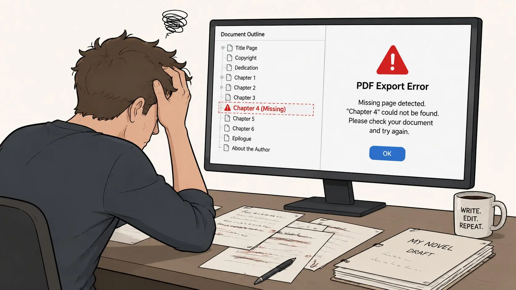 A frustrated writer looking at a computer screen displaying a PDF export error for a missing chapter.