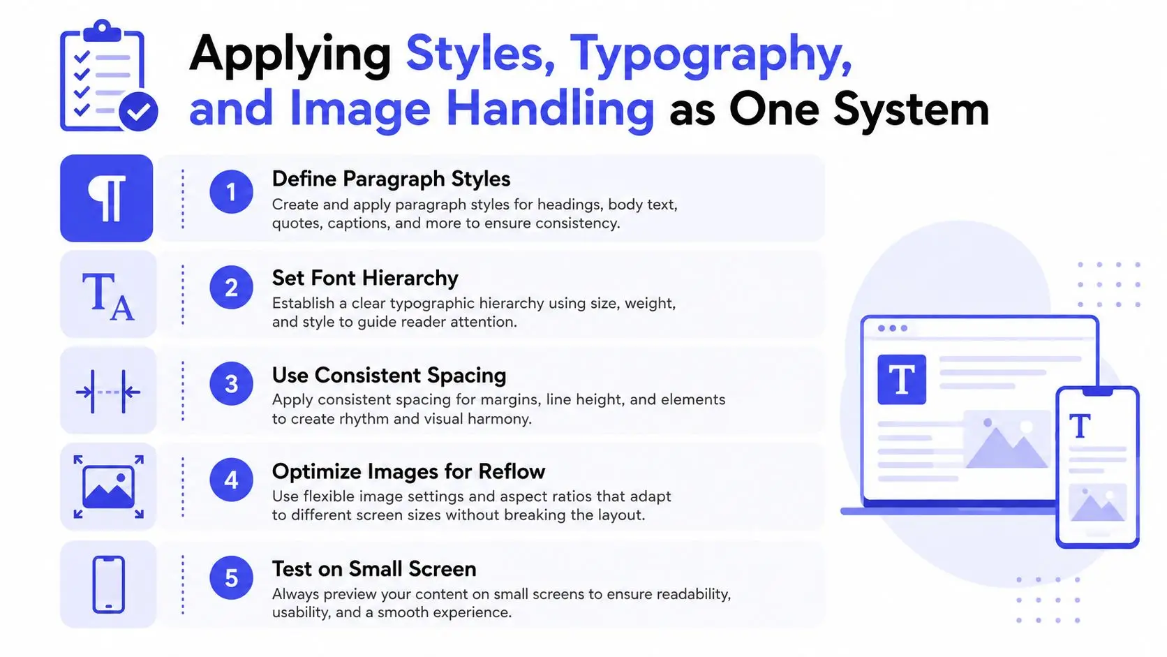 An infographic detailing five essential steps for creating consistent ebook design, typography, and responsive image handling.