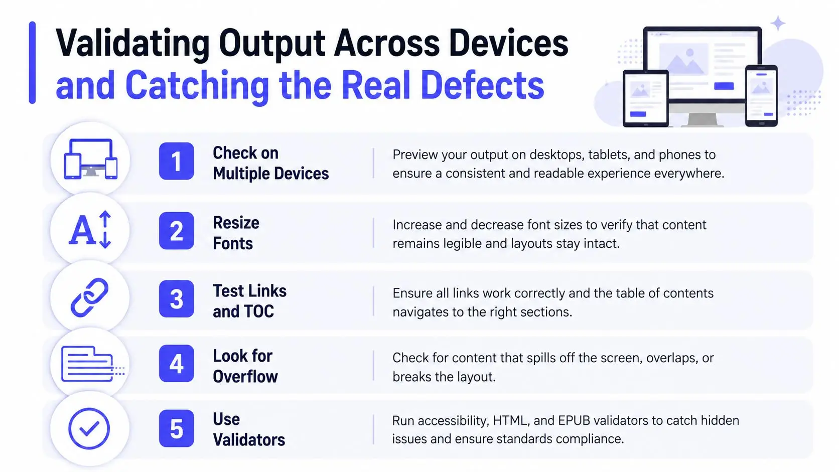 A checklist infographic illustrating five steps for validating ebook output across different devices and catching technical defects.