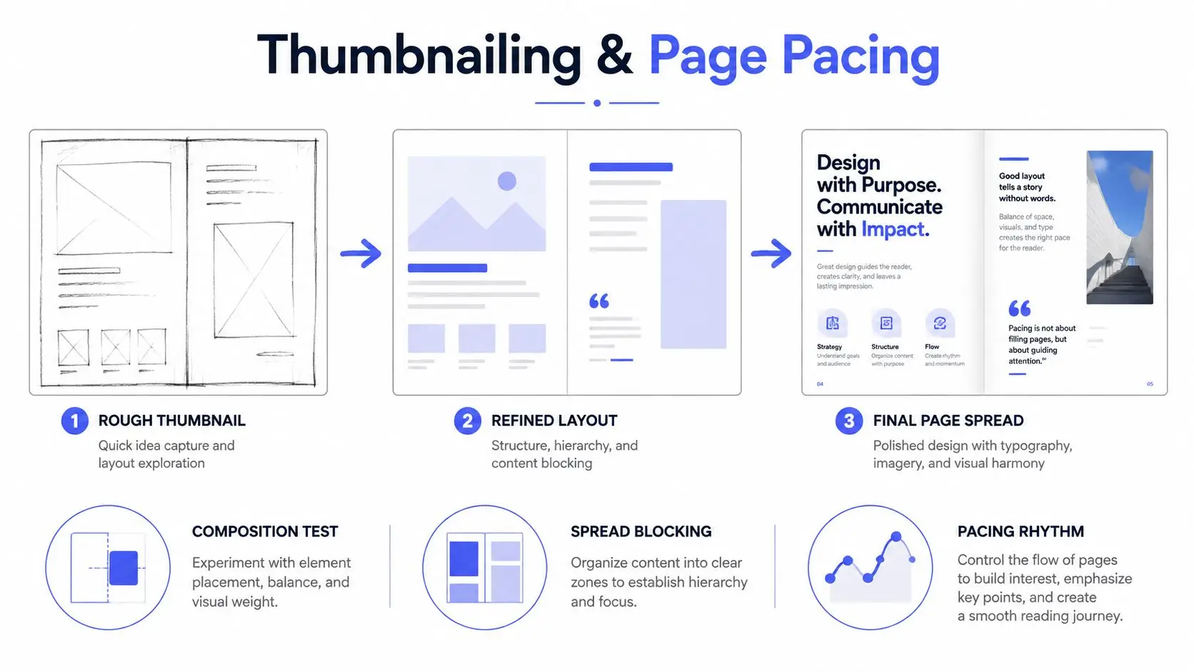 A diagram illustrating the three steps of editorial design from rough thumbnail sketches to final page layouts.